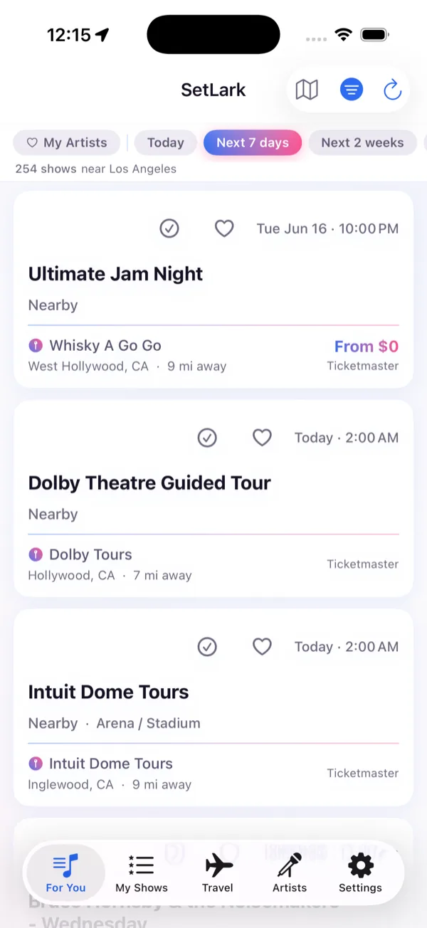 The Setlark feed: shows near you, each with the venue, distance, local start time and price