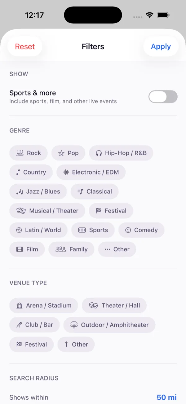 Setlark filters: music-first by default, with genres, venue types, search radius and sort