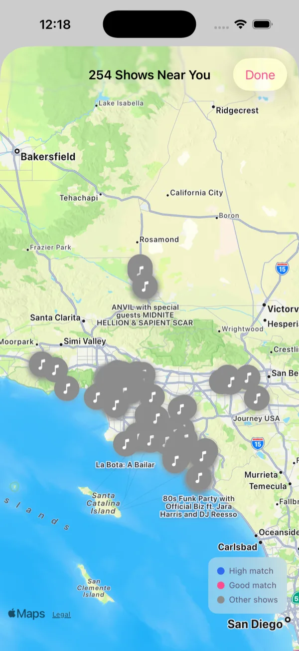 The Setlark map: every show near you as a pin, colored by how well it matches your taste